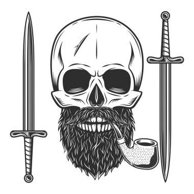 Skull smoking pipe with mustache and beard and sword Isolated on white background monochrome illustration