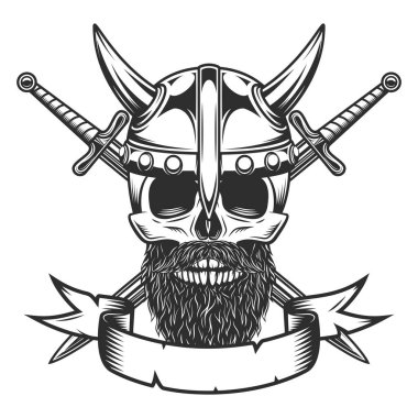 Viking skull with mustache and beard in horned helmet and crossed sword Isolated on white background monochrome illustration
