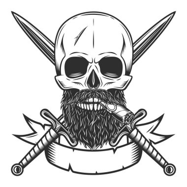 Skull smoking cigar or cigarette with mustache and beard and crossed sword Isolated on white background monochrome illustration