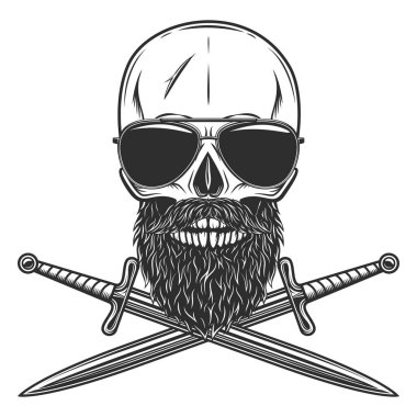 Skull in sunglasses with mustache and beard and crossed sword Isolated on white background monochrome illustration