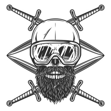 Skull with mustache and beard in construction safety glasses and crossed sword Isolated on white background monochrome illustration