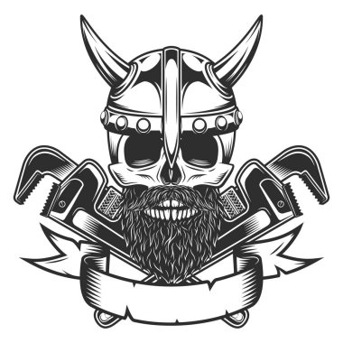 Viking skull in horned helmet with mustache and beard with construction wrench for gas and builder plumbing pipe or body shop mechanic spanner repair tool in monochrome style vintage vector illustration