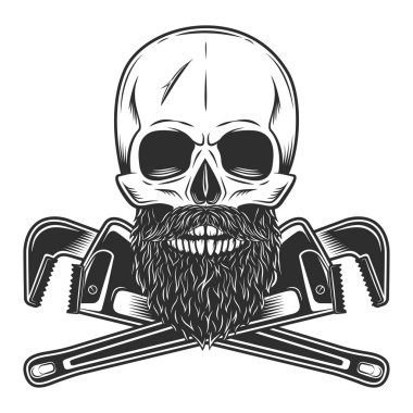 Vintage skull with mustache and beard with construction wrench for gas and builder plumbing pipe or body shop mechanic spanner repair tool in monochrome style isolated vector illustration