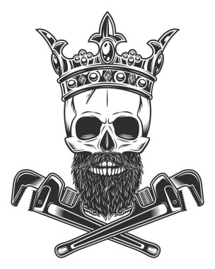 King skull in crown with mustache and beard with construction wrench for gas and builder plumbing pipe or body shop mechanic spanner repair tool in monochrome style isolated vintage vector illustration