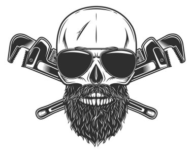 Skull in sunglasses with mustache and beard with construction wrench for gas and builder plumbing pipe or body shop mechanic spanner repair tool in monochrome style isolated vintage vector illustration