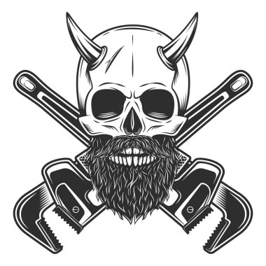 Vintage skull with horn and mustache with beard and construction wrench for gas and builder plumbing pipe or body shop mechanic spanner repair tool in monochrome style isolated vector illustration