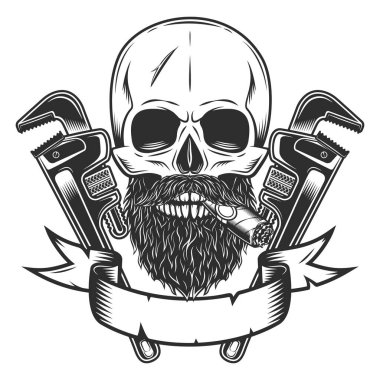 Skull smoking cigar or cigarette with mustache and beard with construction wrench for gas and builder plumbing pipe or body shop mechanic spanner repair tool in monochrome style vintage vector illustration