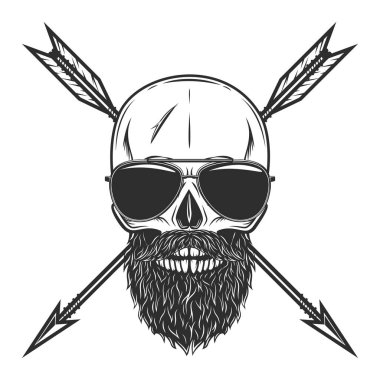 Skull in sunglasses with mustache and beard and vintage hunting arrow in monochrome style isolated vector illustration with design element for label or sign and emblem