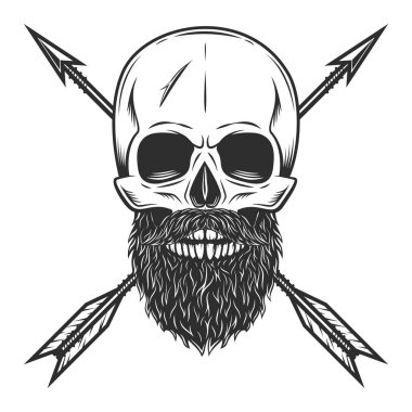 Skull with mustache and beard and vintage hunting arrow in monochrome style isolated vector illustration. Design element for label or sign and emblem