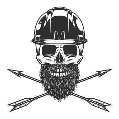 Skull with mustache and beard in construction helmet hard hat and vintage hunting arrow in monochrome style with design element for label or sign and emblem isolated vector illustration