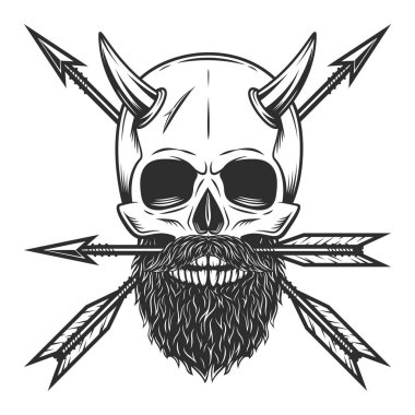 Horned skull with mustache and beard with horn and vintage hunting arrow in monochrome style isolated vector illustration design element for label or sign and emblem