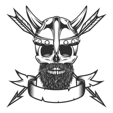 Viking skull with mustache and beard in horned helmet with hunting arrow in monochrome style with design element for label or sign and emblem isolated vector illustration