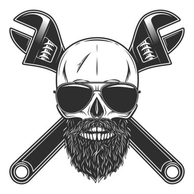 Skull with mustache and beard in sunglasses with construction wrench for gas and builder plumbing pipe or body shop mechanic spanner repair tool in monochrome style isolated vintage vector illustration