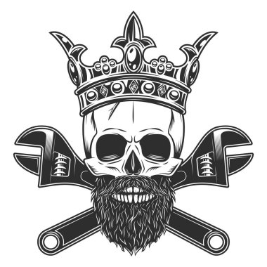 King skull with mustache and beard in crown with construction wrench for gas and builder plumbing pipe or body shop mechanic spanner repair tool in monochrome style isolated vintage vector illustration