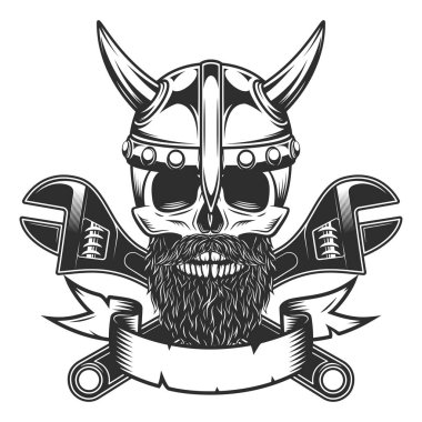 Skull in horned viking helmet with mustache and beard with construction wrench for gas and builder plumbing pipe or body shop mechanic spanner repair tool in monochrome style vintage vector illustration