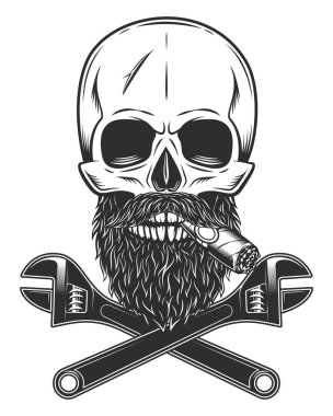 Skull with mustache and beard smoking cigar or cigarette with construction wrench for gas and builder plumbing pipe or body shop mechanic spanner repair tool in monochrome style vintage vector illustration