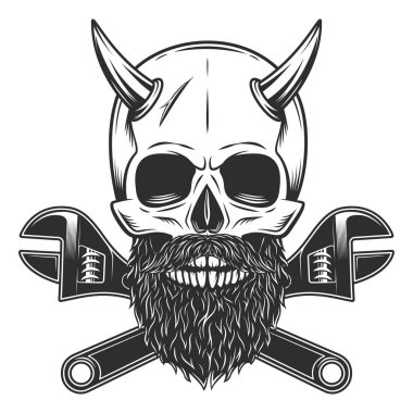 Skull with horn and mustache with beard and construction wrench for gas and builder plumbing pipe or body shop mechanic spanner repair tool in monochrome style isolated vintage vector illustration