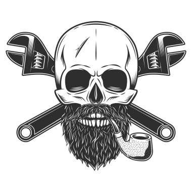 Mustache and beard skull smoking pipe with construction wrench for gas and builder plumbing pipe or body shop mechanic spanner repair tool in monochrome style vintage vector illustration