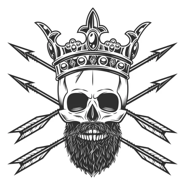 Skull with mustache and beard in royal crown and vintage hunting arrow in monochrome style with design element for label or sign and emblem isolated vector illustration