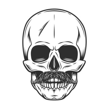 Hipster skull with mustache and Isolated on white background monochrome illustration