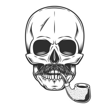 Hipster skull smoking pipe and cigarette with mustache isolated on white background monochrome illustration