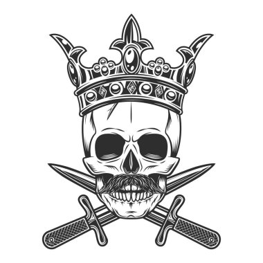 Skull in crown royal king with hipster mustache and crossed knife dagger isolated on white background monochrome illustration