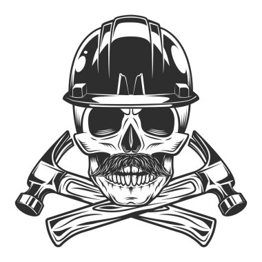 Skull with mustache and helmet hard hat builder crossed hammers from new construction and remodeling house business in monochrome vintage style illustration