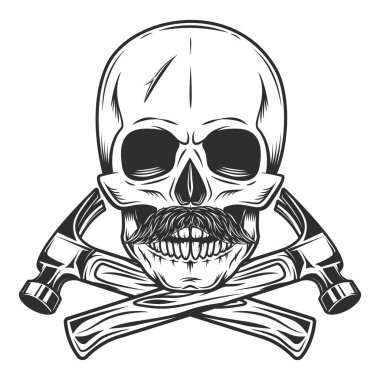 Skull with mustache and crossed builder hammers from new construction and remodeling house business in monochrome vintage style isolated vector illustration