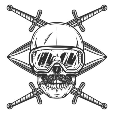 Skull with mustache in construction safety glasses and crossed sword Isolated on white background monochrome illustration