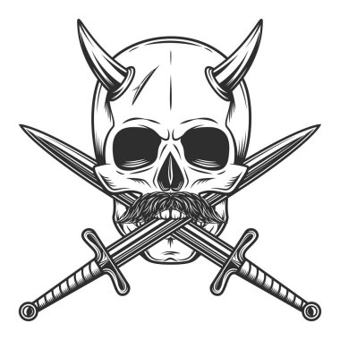 Skull with mustache and horn with crossed sword Isolated on white background monochrome illustration