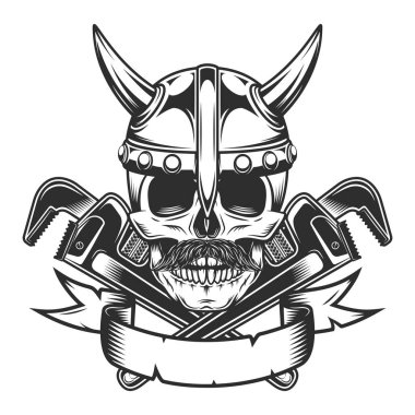 Viking skull in horned helmet with mustache with construction wrench for gas and builder plumbing pipe or body shop mechanic spanner repair tool in monochrome style vintage vector illustration