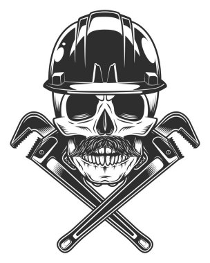 Skull in helmet hard hat with mustache with construction wrench for gas and builder plumbing pipe or body shop mechanic spanner repair tool in monochrome style vintage vector illustration