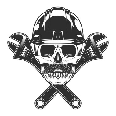 Skull with mustache in helmet hard hat with construction wrench for gas and builder plumbing pipe or body shop mechanic spanner repair tool in monochrome style vintage vector illustration
