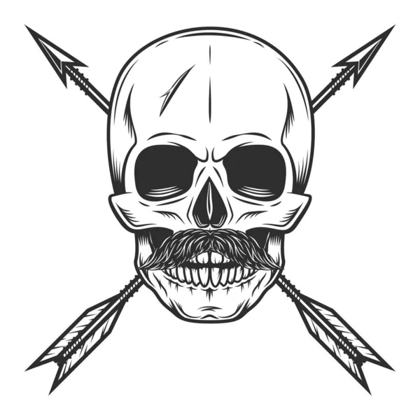 Skull with mustache and vintage hunting arrow in monochrome style isolated vector illustration. Design element for label or sign and emblem