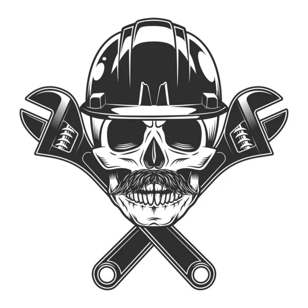 Skull with mustache in helmet hard hat with construction wrench for gas and builder plumbing pipe or body shop mechanic spanner repair tool in monochrome style vintage vector illustration