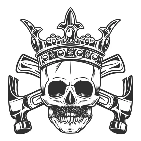 Skull Mustache Royal Crown Builder Crossed Hammers New Construction Remodeling — Vettoriale Stock