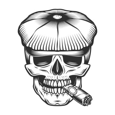 Skull smoking cigar or cigarette in the tweed hat flat cap vector vintage illustration