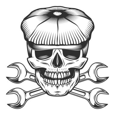 Skull in the tweed hat flat cap with crossed construction wrench or mechanic repair spanner vector vintage illustration