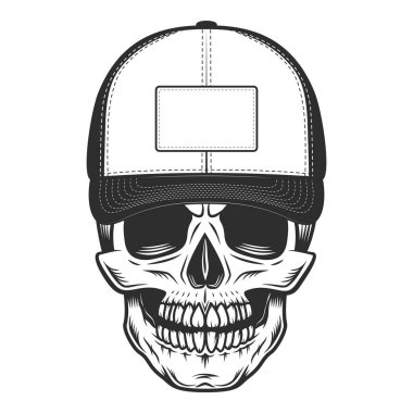 Skull in baseball cap in vintage monochrome style isolated vector illustration