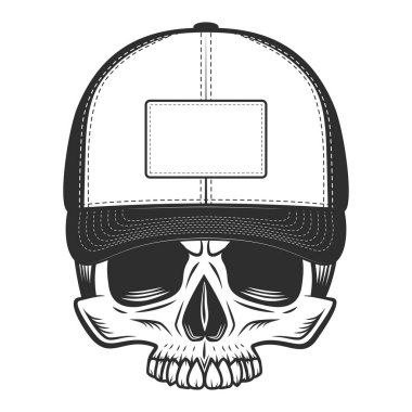 Skull without jaw in baseball cap in vintage monochrome style isolated vector illustration