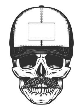 Skull in baseball cap with mustache vintage monochrome isolated vector illustration