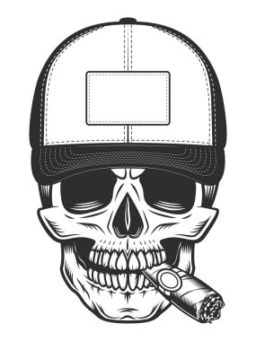 Skull smoking cigar or cigarette in baseball cap in vintage monochrome style isolated vector illustration