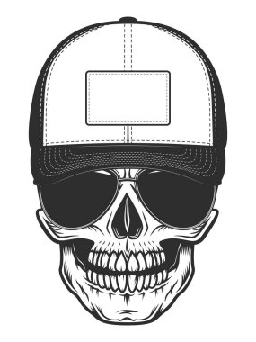 Skull in baseball cap with sunglasses in vintage monochrome style isolated vector illustration