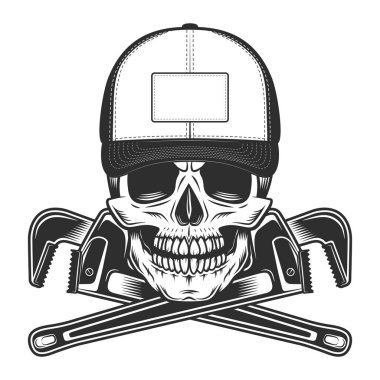 Skull in baseball cap and crossed construction pipe wrenches in vintage style on white background isolated vector illustration