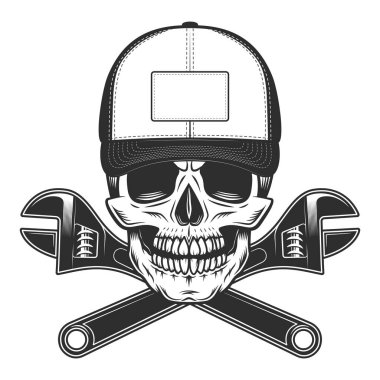 Skull with mustache in baseball cap and service rapair wrenches in vintage monochrome style isolated vector illustration