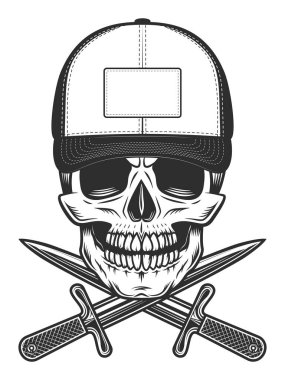Skull in baseball cap with gangster knife dagger vintage vector illustration