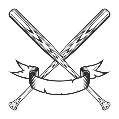 Beyzbol sopası amblemi kurdele tasarım elementleri şablonu ile klasik monokrom tarzı izole edilmiş vektör çizimi