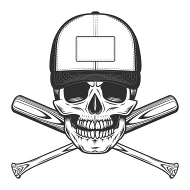 Beyzbol sopası amblem tasarım elementleri ile kapaklı kafatası klasik monokrom stili izole vektör illüstrasyonunda şablon