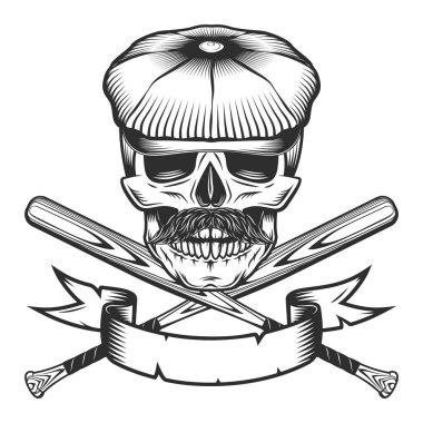 Düz başlık ve bıyıklı kafatası, beysbol sopası ve kurdele amblemi tasarım elementleri klasik monokrom tarzı izole edilmiş vektör çizimi şablonu.