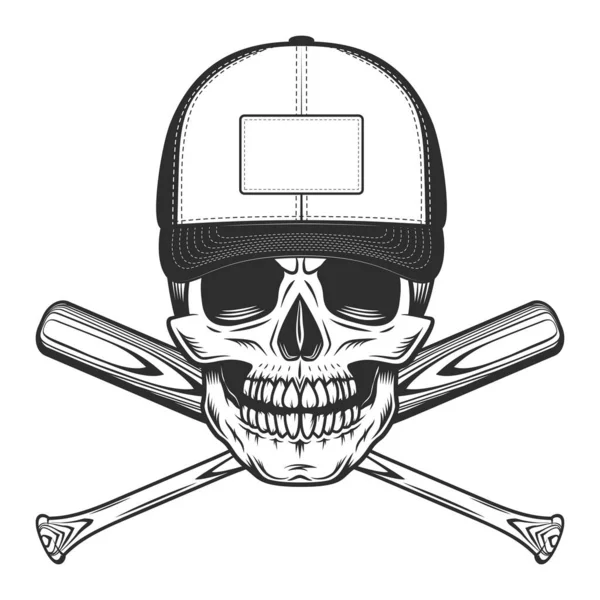 带棒球棒徽章帽骷髅设计元素模板 复古单色风格孤立矢量图解 — 图库矢量图片